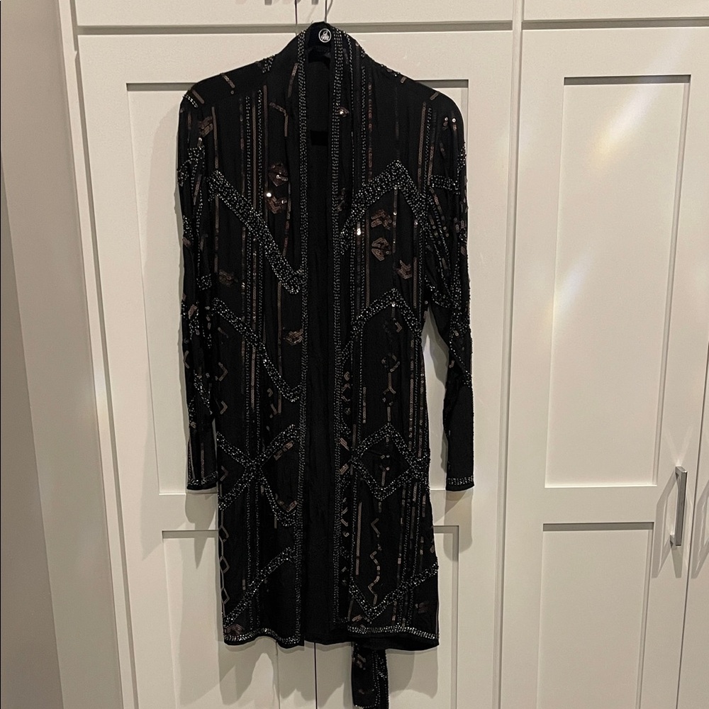 Knot Sisters Elegant Black beaded & sequin Patterned Women's Duster